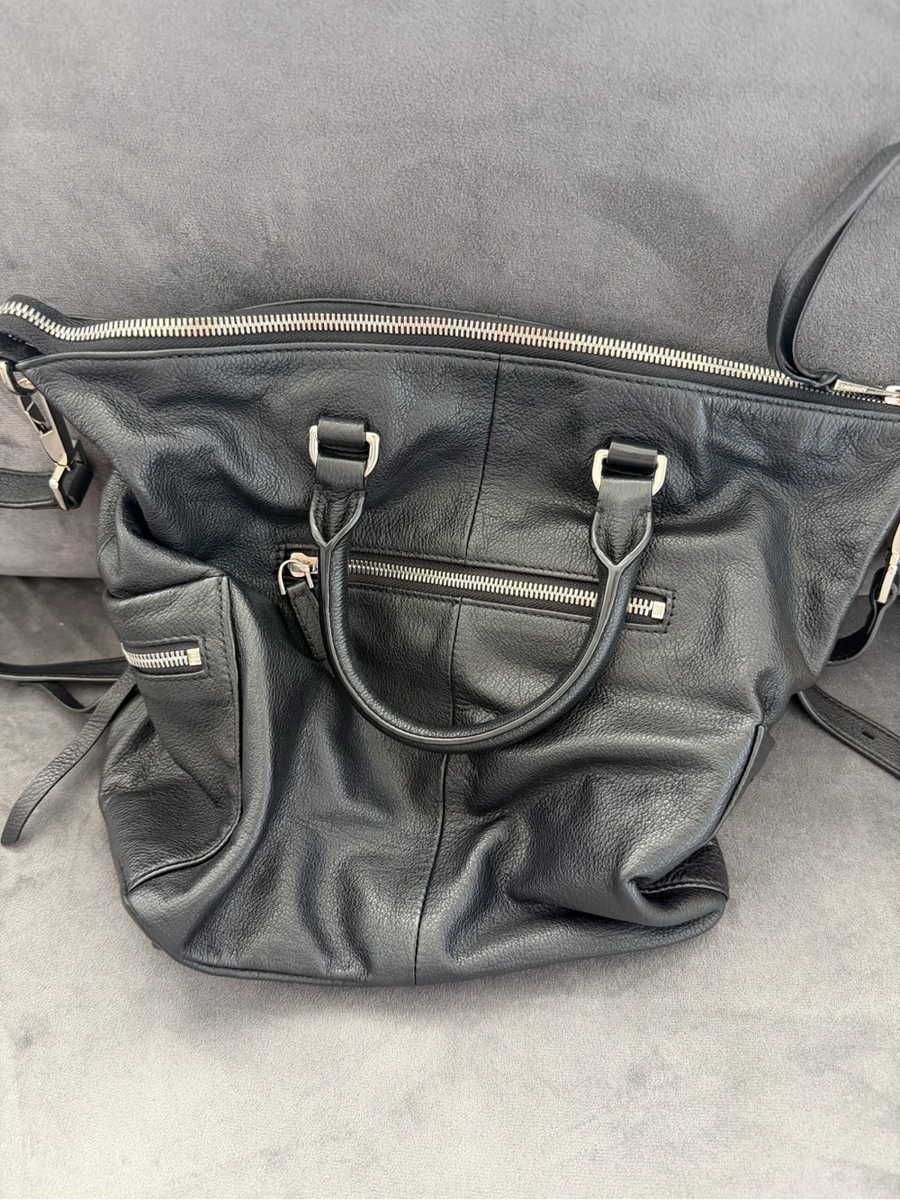 Black Leather Tote Handbag with Silver Hardware